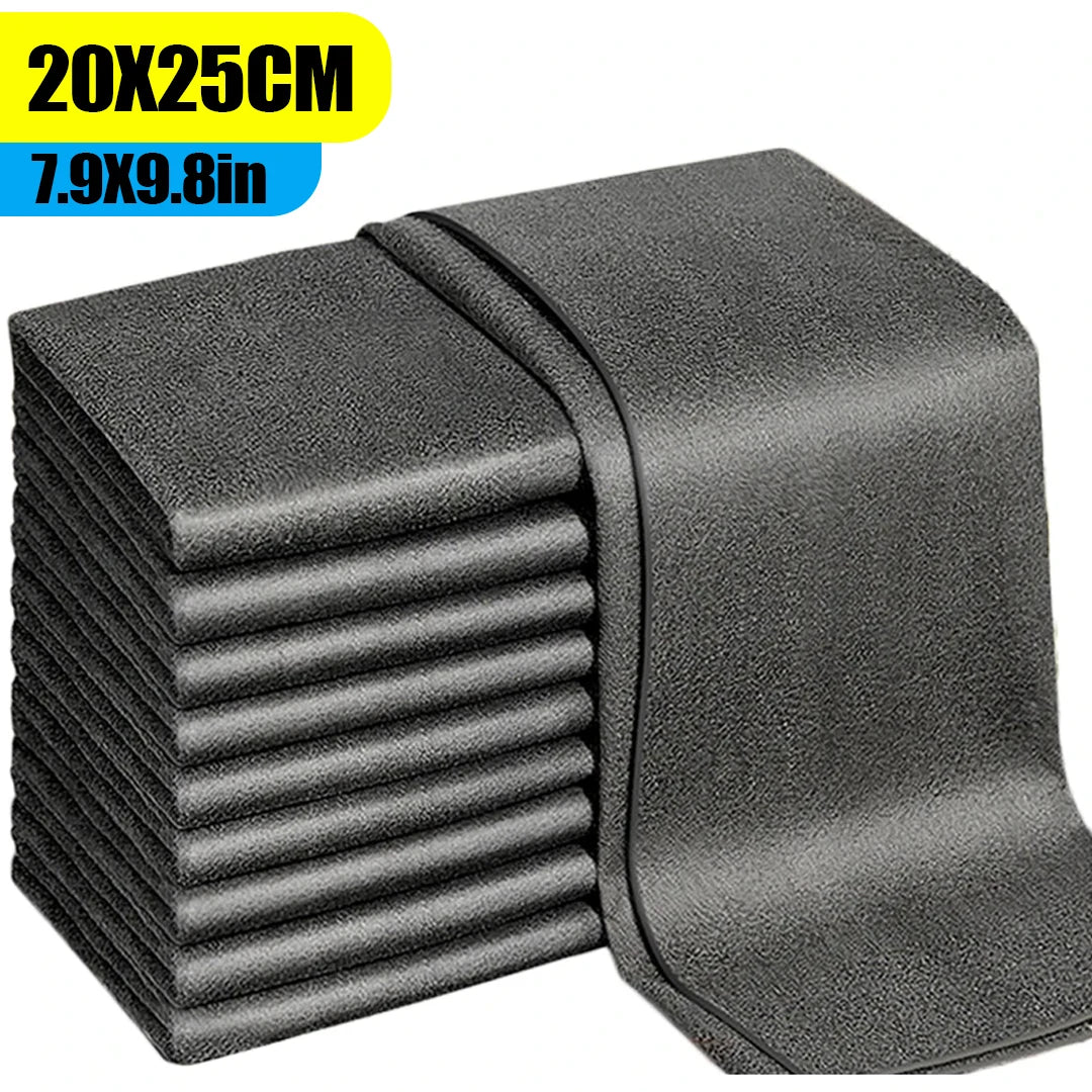 A stack of dark gray reusable microfiber glass cleaning cloths.