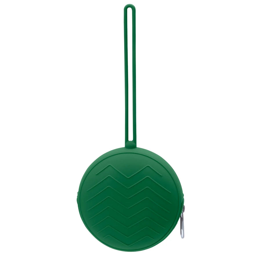 A green food-grade silicone pacifier case with a long loop and a textured surface.