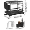Black 2-tier kitchen countertop drying rack with an auto-draining tray shown from above and side.