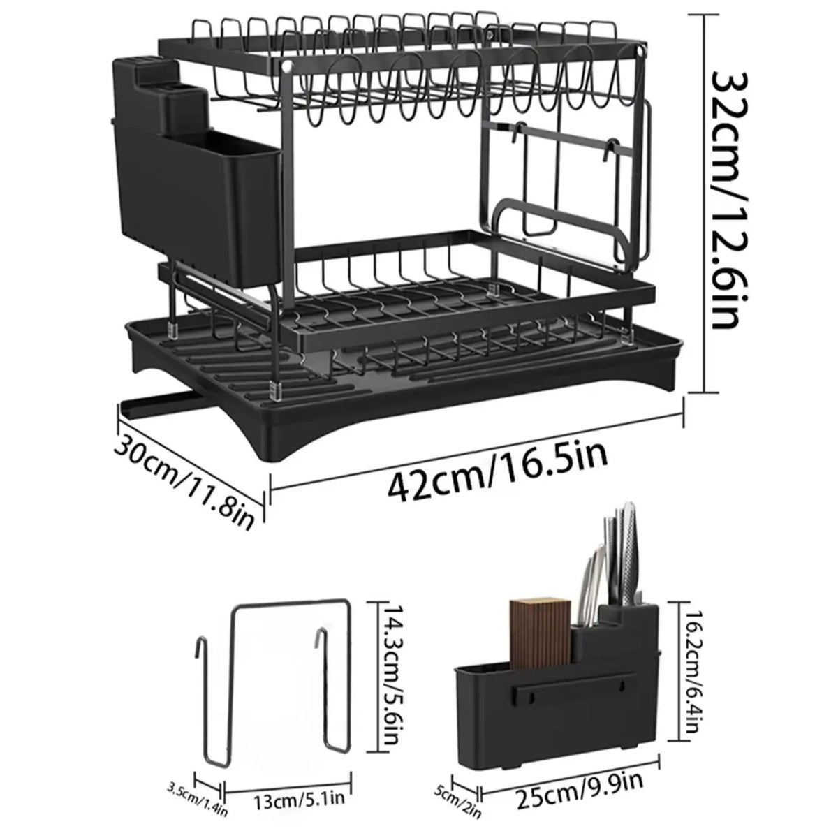 Black 2-tier kitchen countertop drying rack with an auto-draining tray shown from above and side.