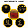 Diagram showing advantages of a product including 30m wireless control, brake system, multifunctional use, back magnet design