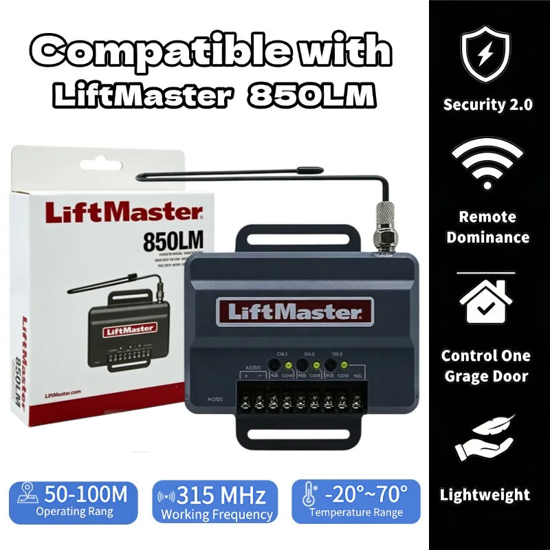 LiftMaster 850LM garage door opener receiver unit and packaging with compatibility information