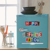 A light blue storage bin labeled HAPPY REFRIGERATOR with alphabet letter stickers on the front.