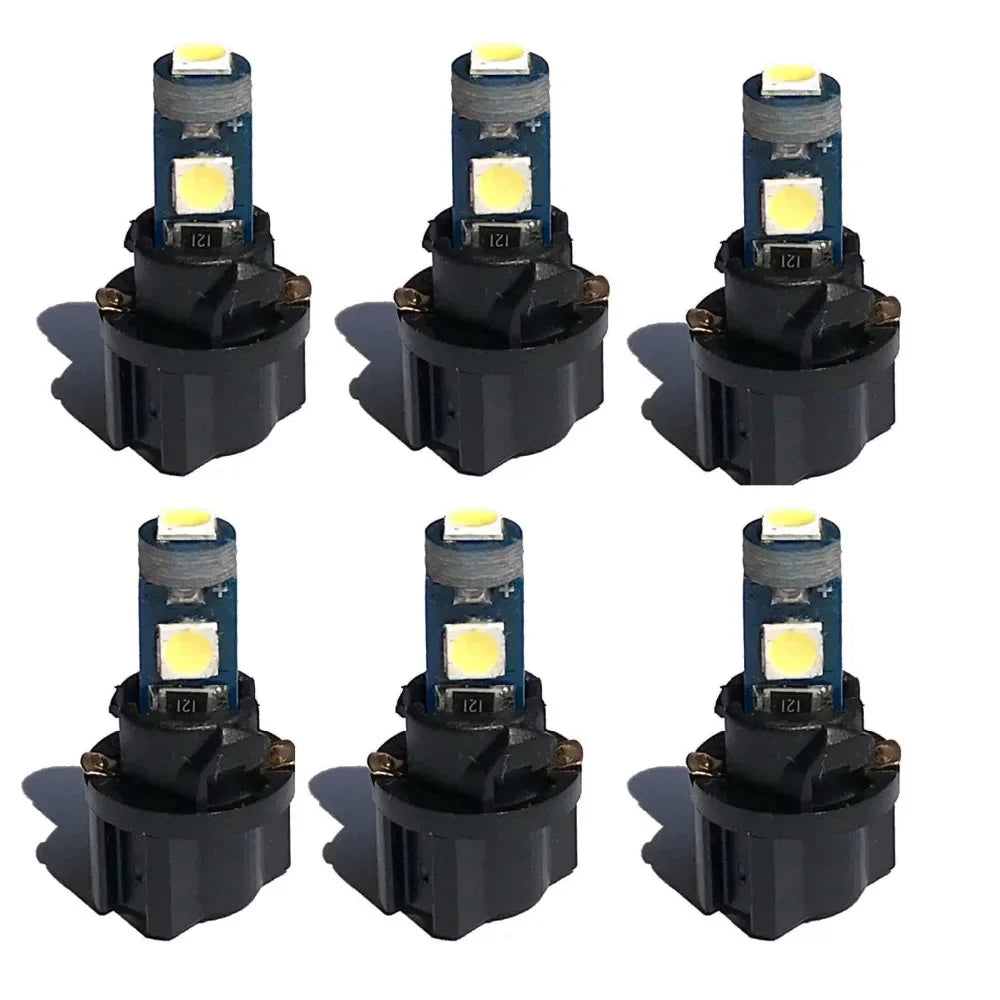 A set of T5 LED instrument panel bulbs with twist lock bases shown in various orientations.