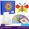 A box of a 155-piece wooden shape puzzle with colorful pieces and a gift bag containing 24 shape cards.