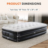 A black elevated air mattress is shown on a rug, with dimensions of 75 inches long by 18 inches thick.