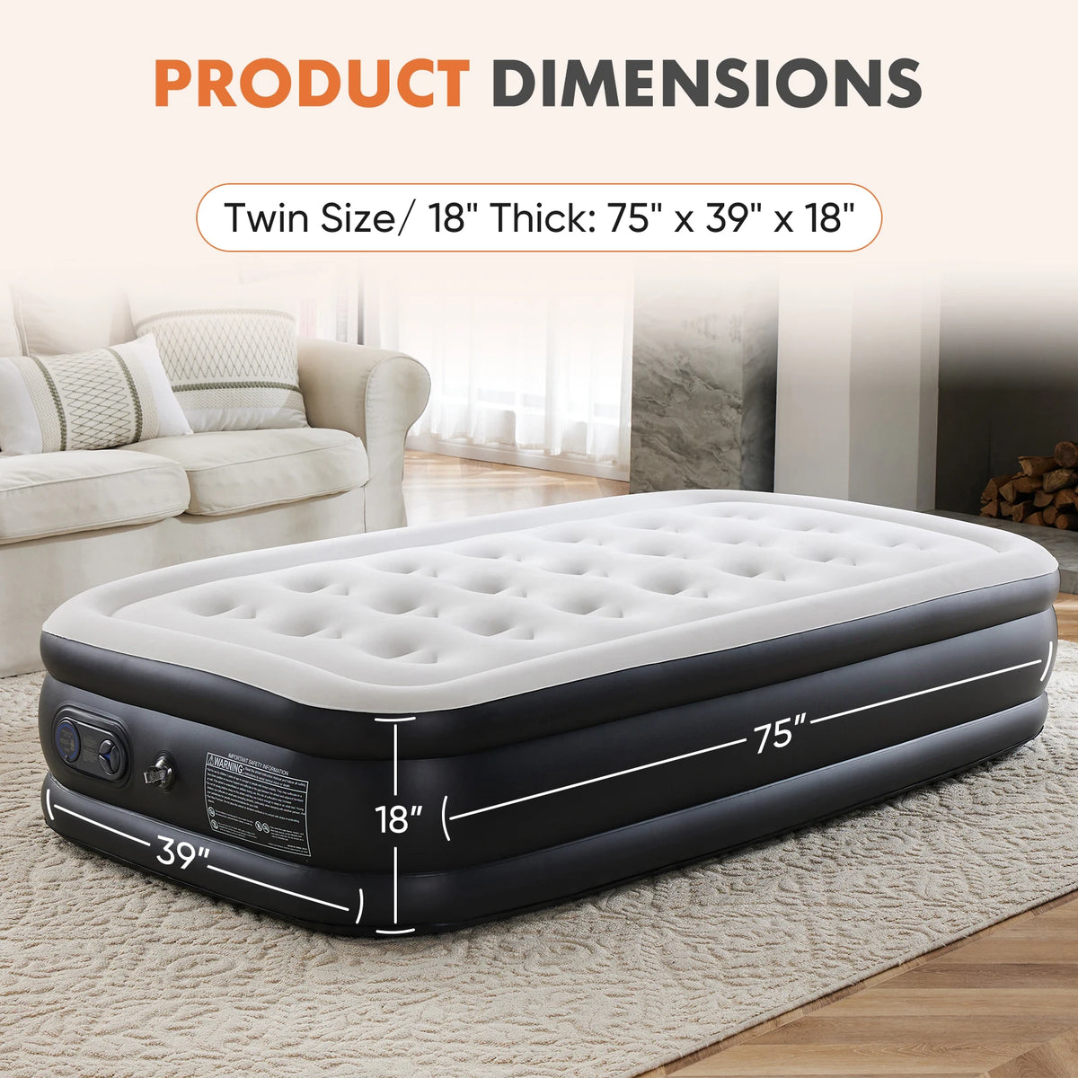 A black elevated air mattress is shown on a rug, with dimensions of 75 inches long by 18 inches thick.