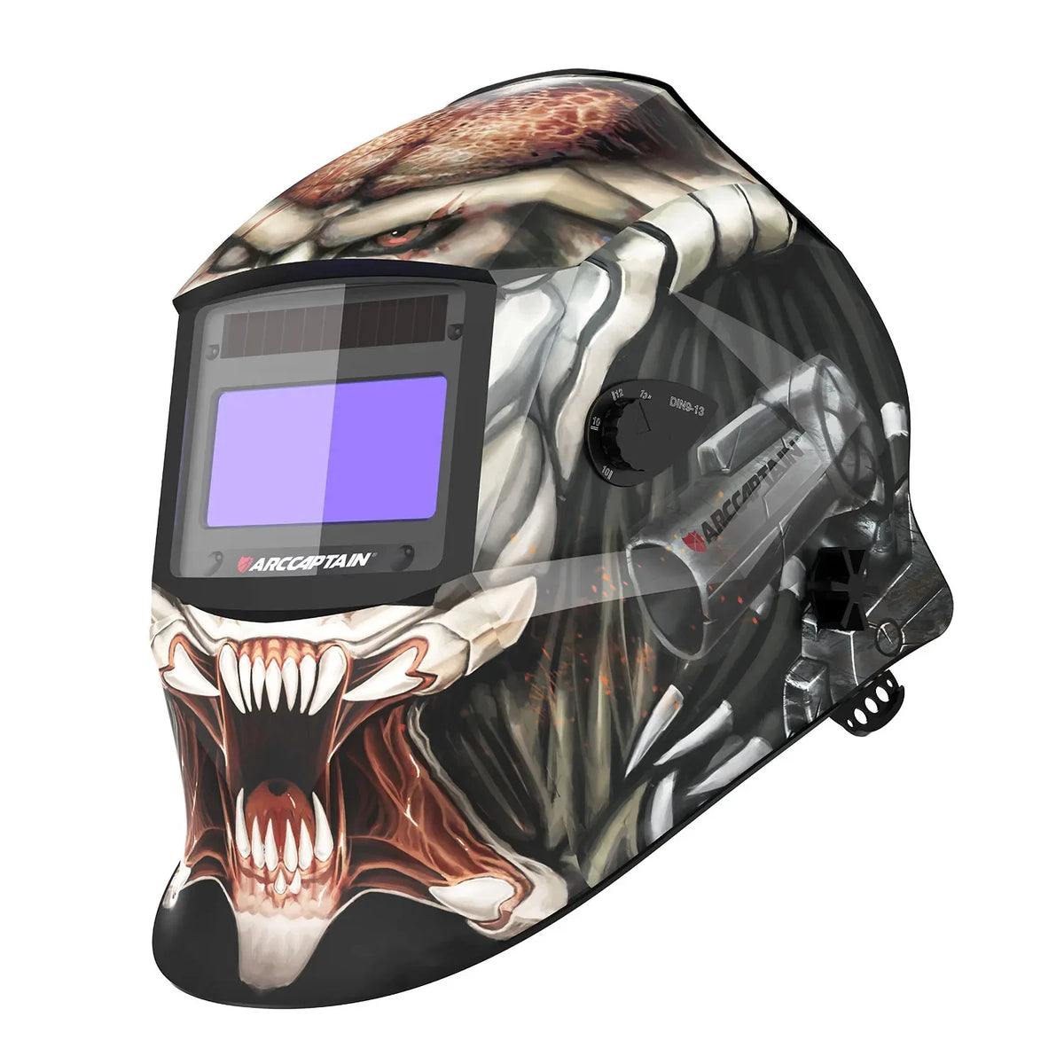 A close-up of an auto-darkening welding helmet featuring a camouflage pattern and a large LCD screen.