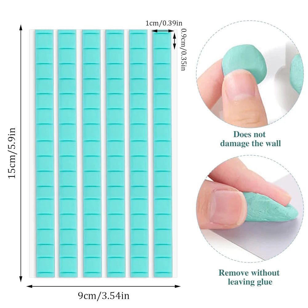 A set of reusable nail glue clay strips in light blue for shelf fixing with dimension measurements.