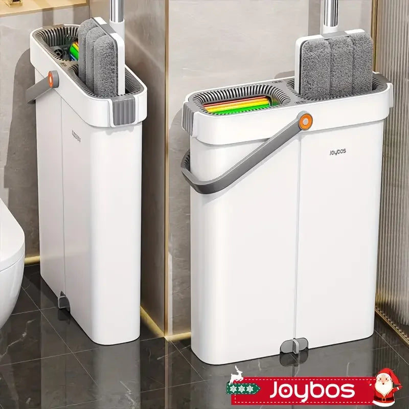 A white hands-free mop and bucket set with a self-cleaning wringer is shown standing next to a gold-toned surface.