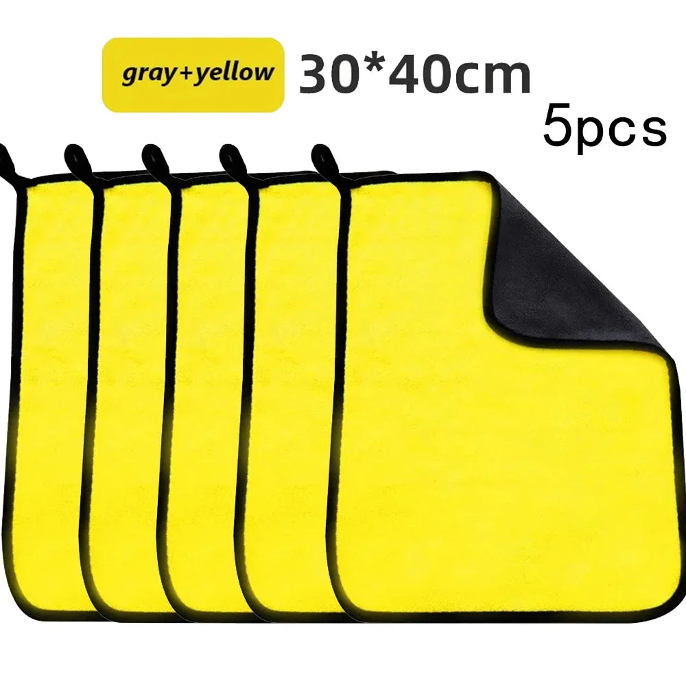 Five yellow and gray microfiber car cleaning towels measuring 30x40cm