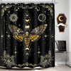 Gothic skull shower curtain featuring a moth and floral design in gold and black on a dark background