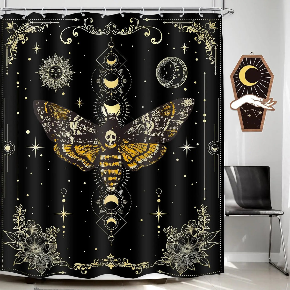 Gothic skull shower curtain featuring a moth and floral design in gold and black on a dark background