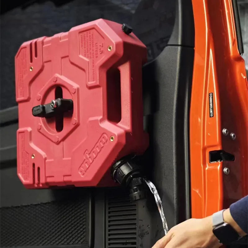 A red universal water tap faucet adapter is shown attached to a fuel can, used for accessing contents.