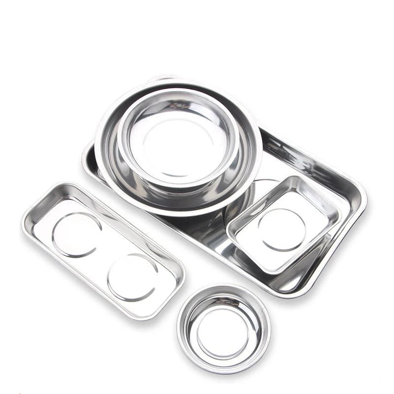 A silver magnetic parts tray with a strong magnet base for hardware storage.
