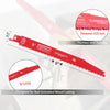 A close-up view of a red bi-metal reciprocating saw blade designed for cutting nail-embedded wood.