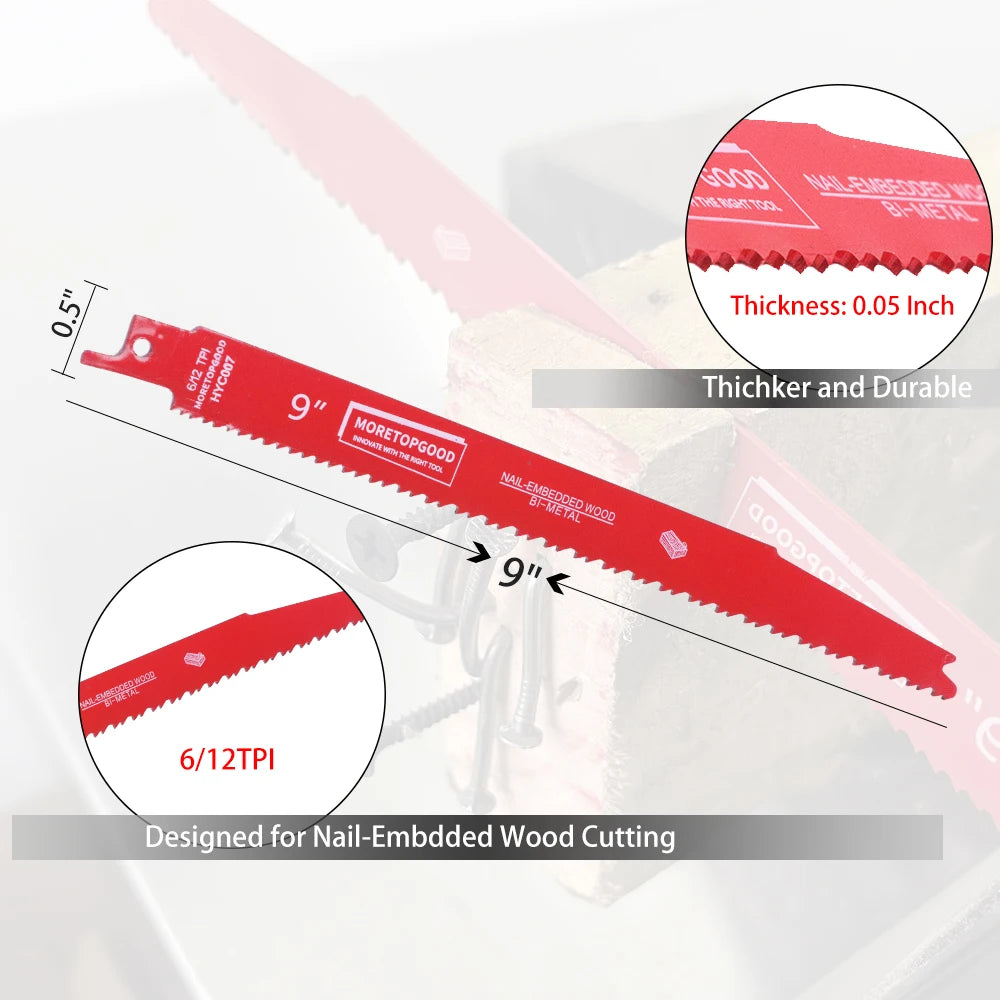 A close-up view of a red bi-metal reciprocating saw blade designed for cutting nail-embedded wood.