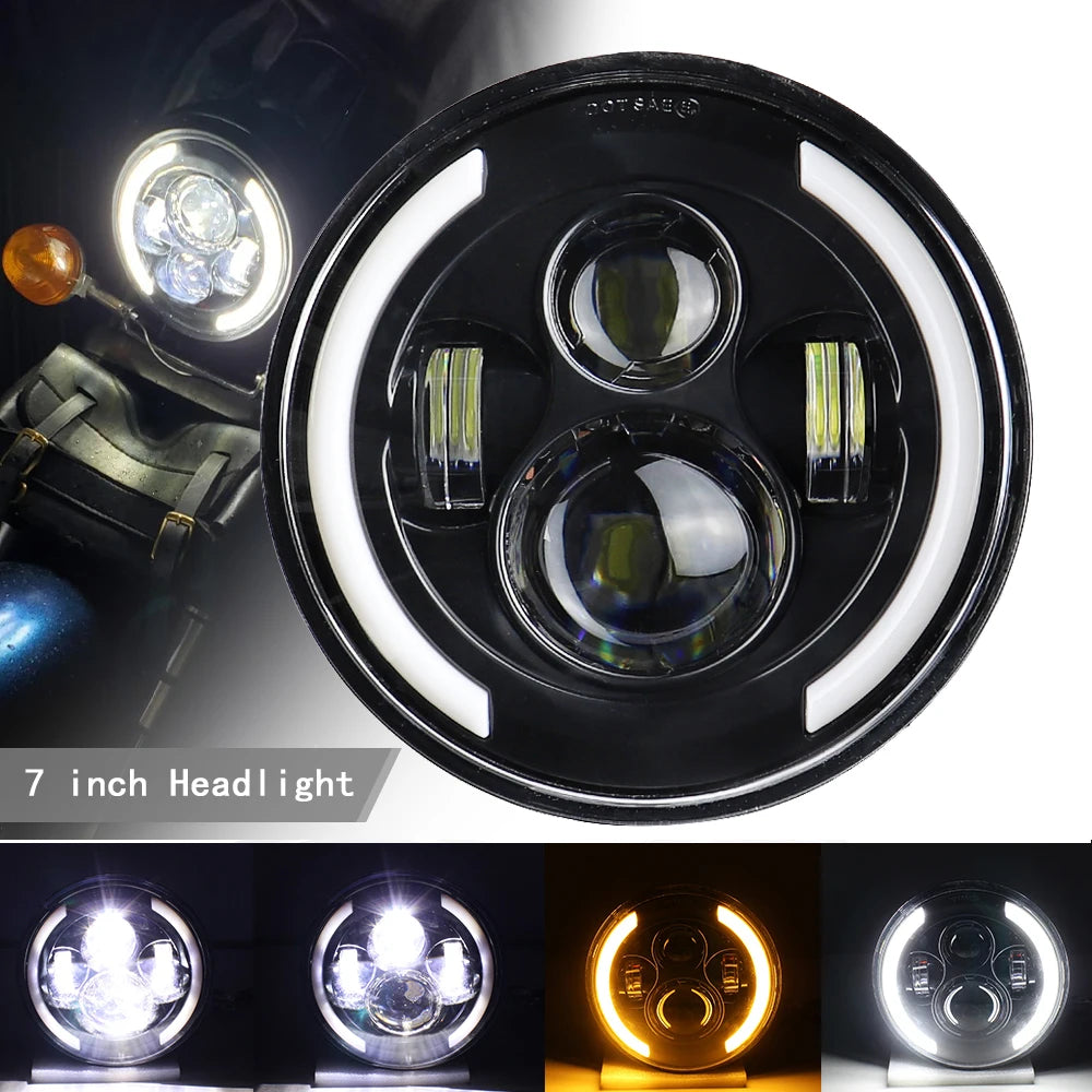 A close-up view of a circular LED headlight assembly with multiple light elements and turn signals.