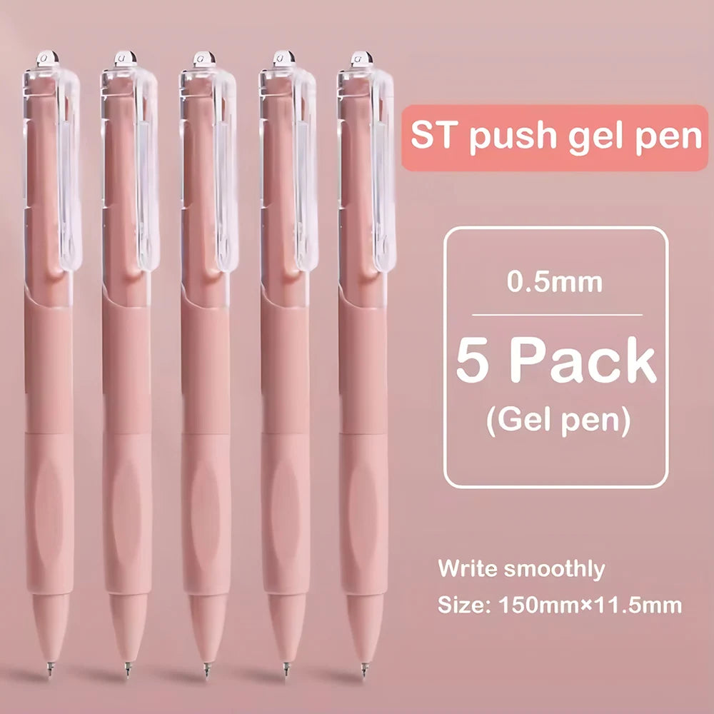A set of five pink ST push gel pens with 0.5mm fine points and a smooth writing experience.