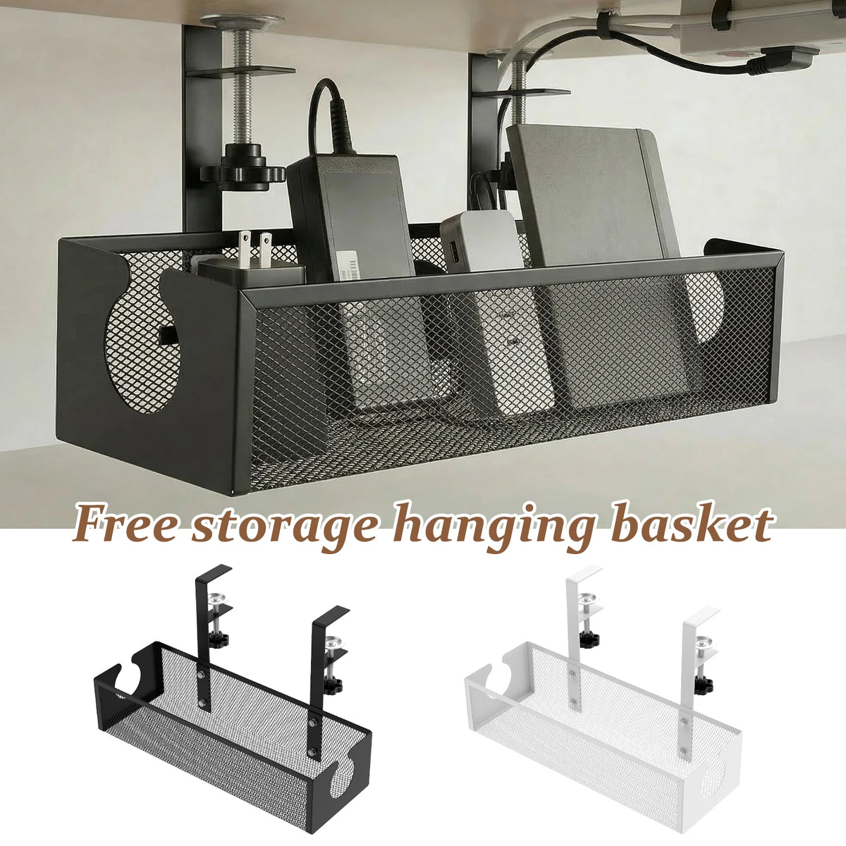 Black metal hanging basket for free storage and cable management with clamp-on design