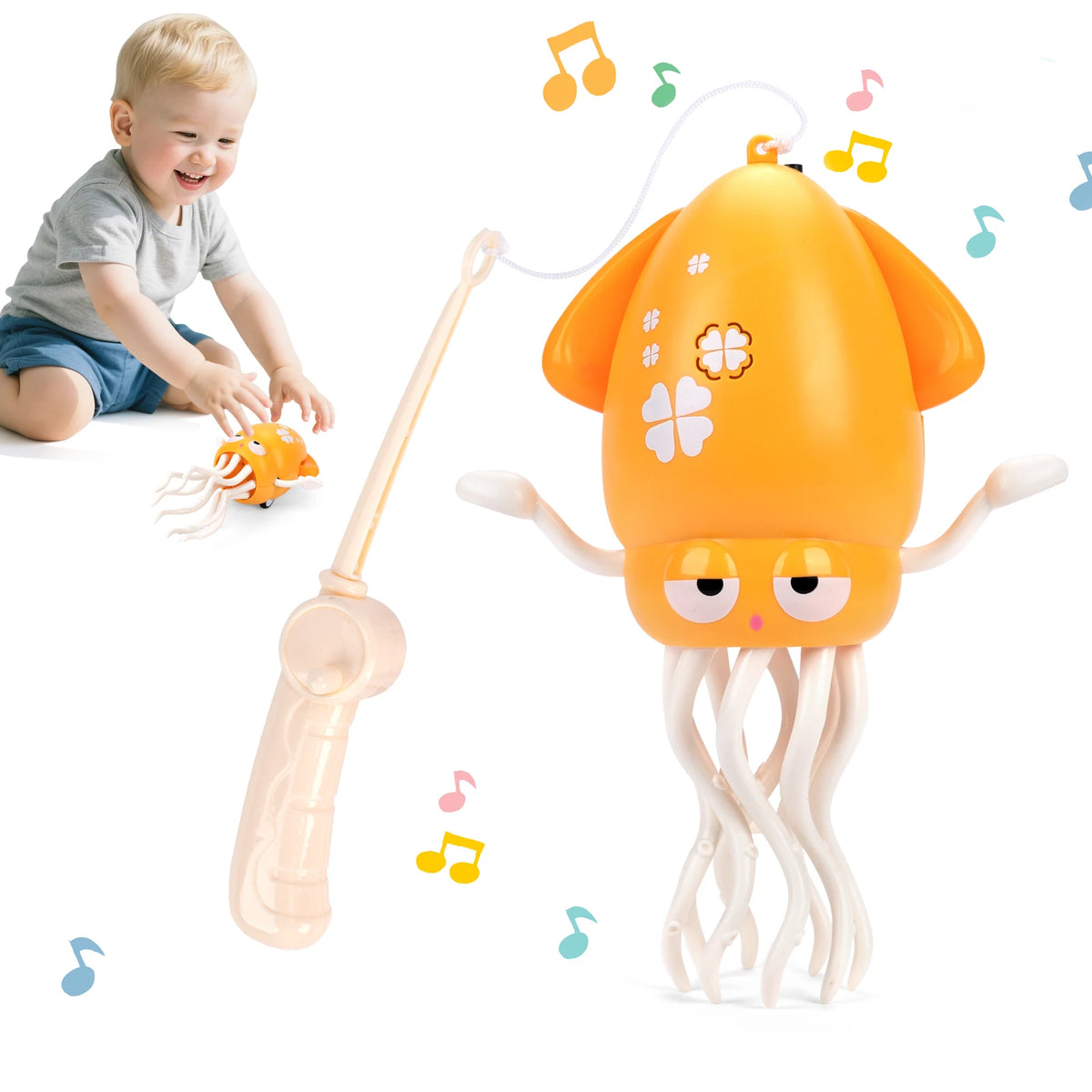 An orange interactive dancing squid toy with lights and tentacles is shown next to a child's hand.