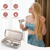 A woman is using a portable double-layer travel storage bag to dry her long blonde hair with a handheld dryer.