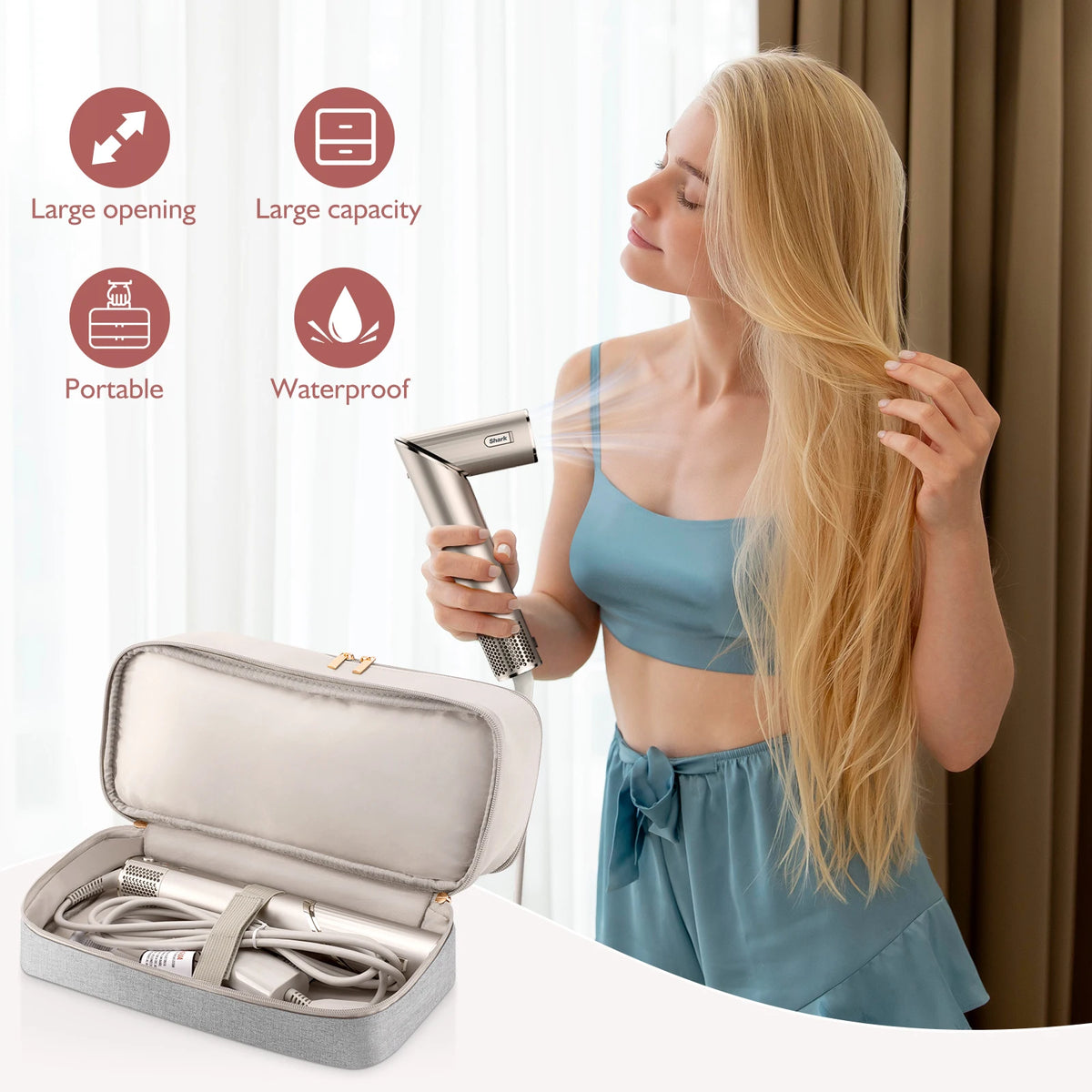 A woman is using a portable double-layer travel storage bag to dry her long blonde hair with a handheld dryer.