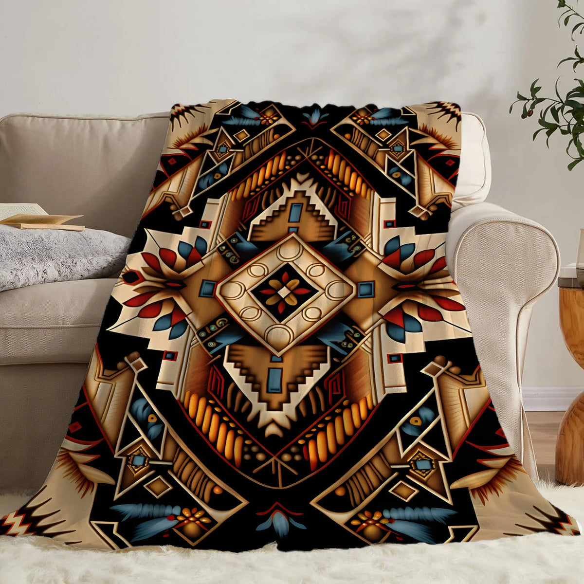 A patterned flannel throw blanket featuring ethnic geometric designs in brown, orange, and blue on a black background.