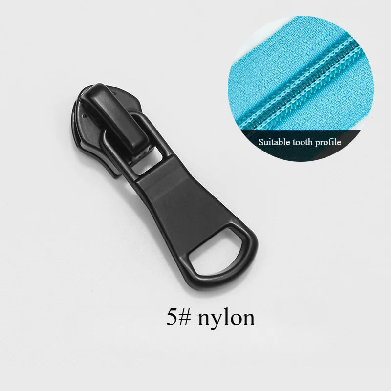 A black nylon zipper slider repair kit is shown with an inset illustrating a suitable tooth profile.