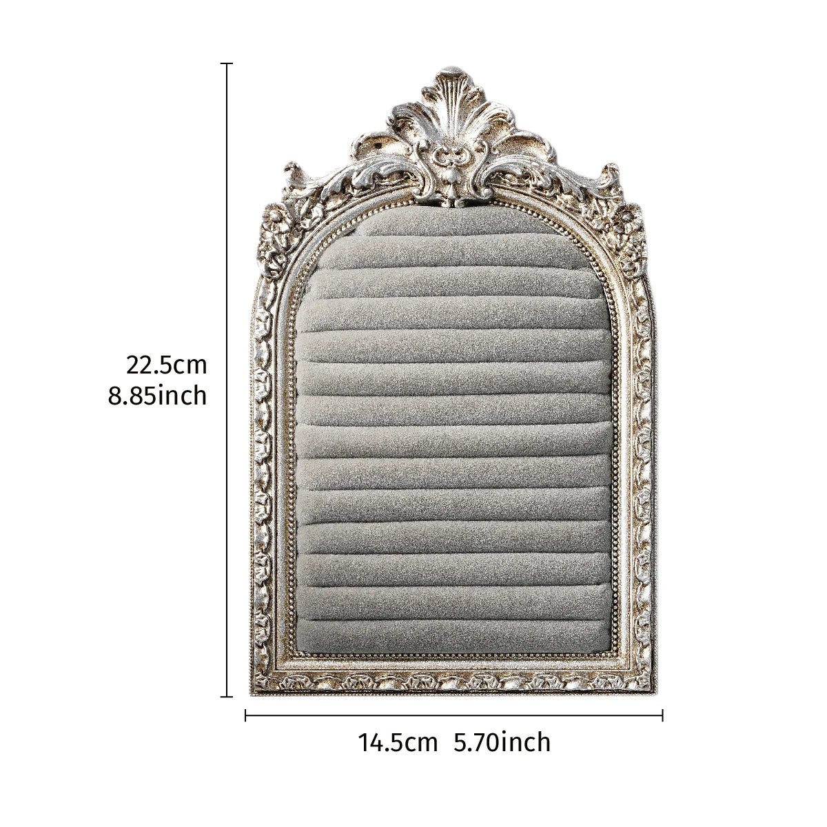 An arched resin jewelry display stand with a hand-painted floral design in a silver tone.