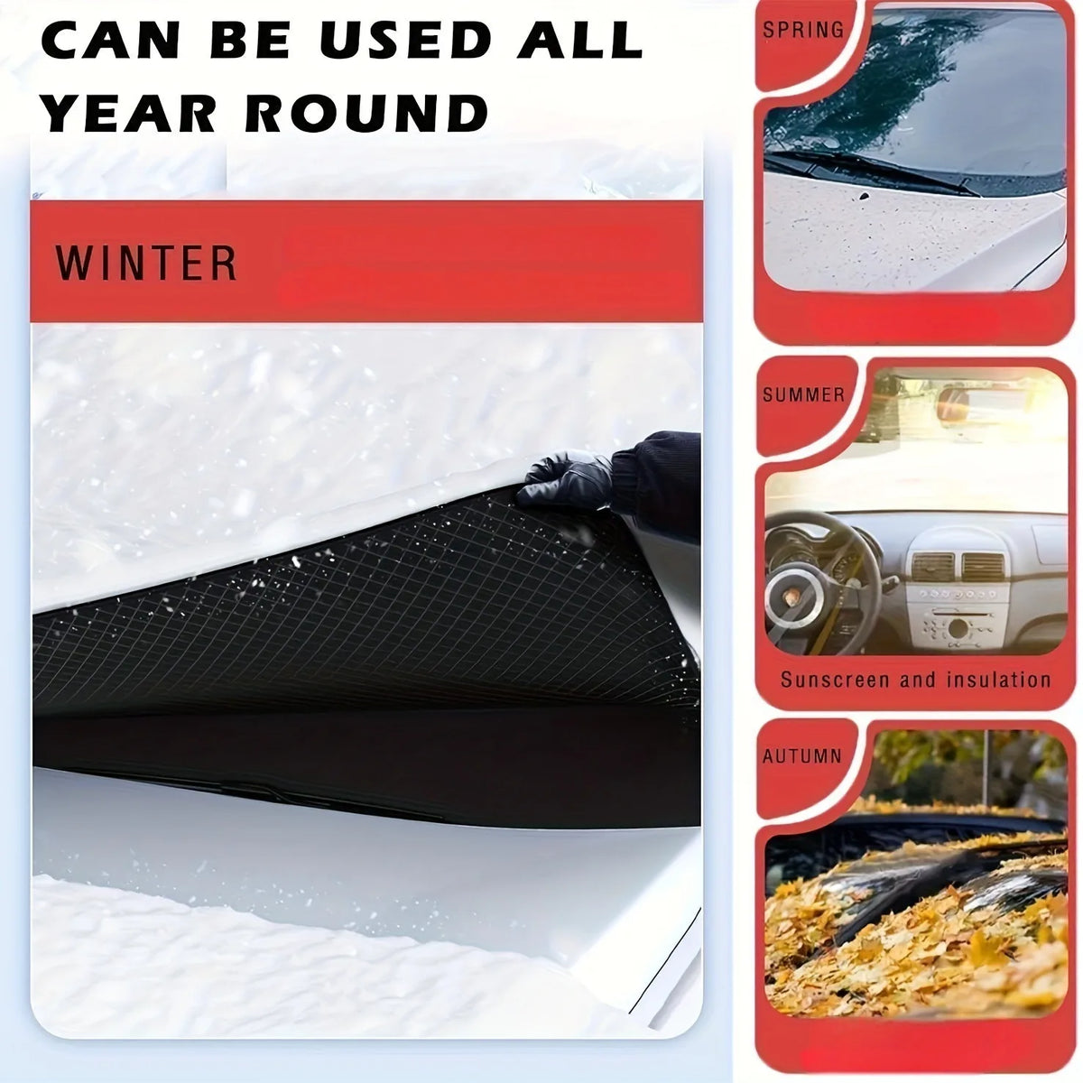A black magnetic windshield cover is shown protecting a car from winter snow and ice, with seasonal usage indicators.