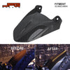 Carbon fiber rear fender mudguard for motorcycle, shown before and after installation.