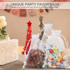 White organza drawstring bags filled with colorful candies and favors for parties
