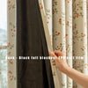 A hand is pulling a black blackout TPU soft film curtain panel with a plant pattern across a window.