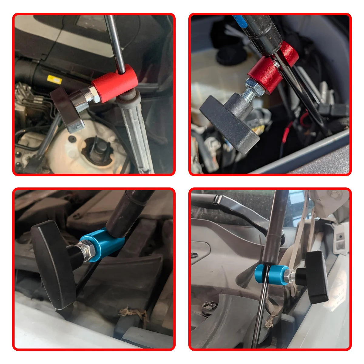 Close-up images showing universal metal hood lift support clips and tailgate strut retainers used for vehicle repair.