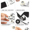 Instructions showing how to install a snap fastener kit using pliers and metal buttons on fabric.