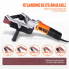 An orange angle grinder with ten sanding belts available for various grit levels.
