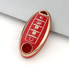 A red and gold durable TPU car key case cover for Nissan and Infiniti models.