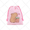 A pink drawstring storage bag featuring a cute drawing of a brown capybara holding a pink lollipop.