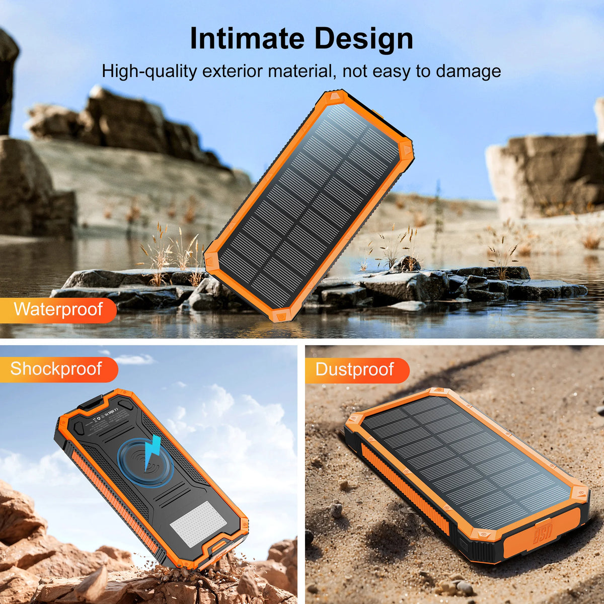 Solar-Powered 20,000mAh Wireless Power Bank with LED Flashlight