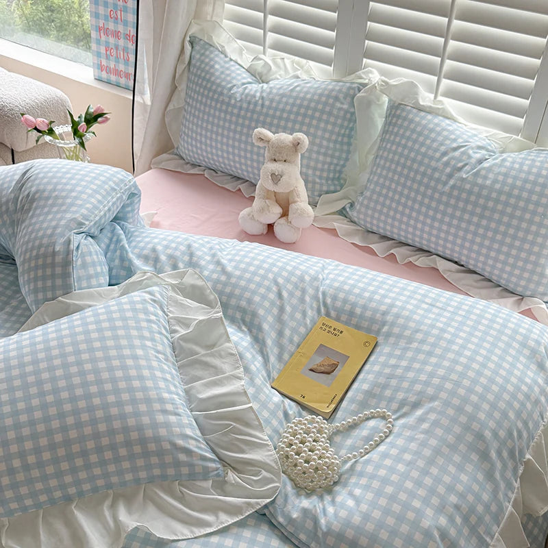 Pink Checkered Lace Duvet Cover Set (3 Pieces)