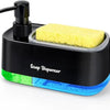 A black soap dispenser with a yellow sponge inside and a clear blue base.