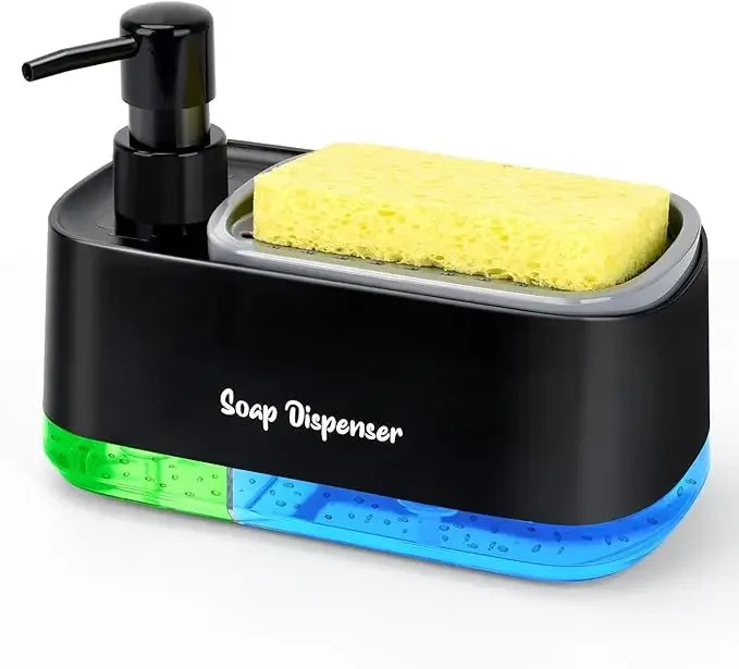 A black soap dispenser with a yellow sponge inside and a clear blue base.