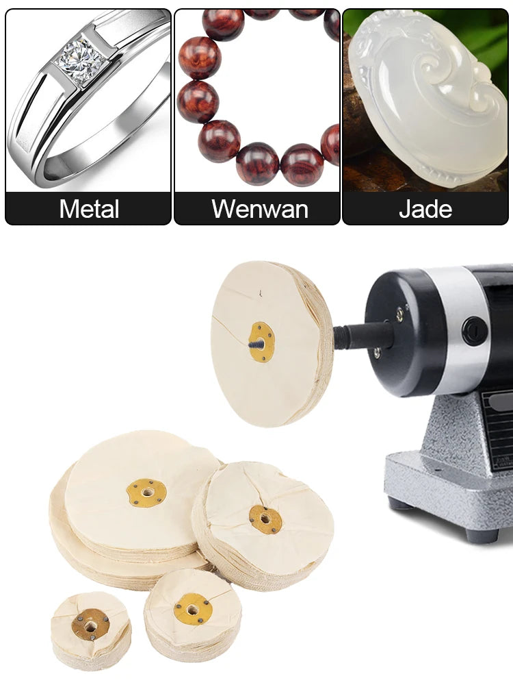 A set of 150mm cotton airway buffing wheels for polishing, including various sizes and a grinding machine.