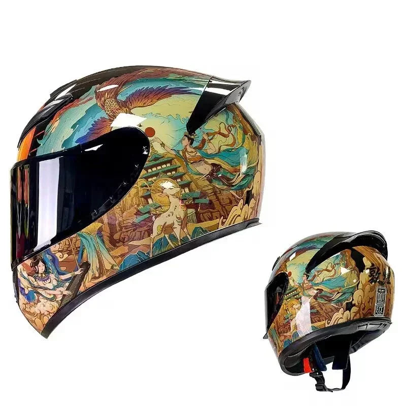A glossy, multi-colored retro full face motorcycle helmet featuring an artistic design of a bird and landscape.