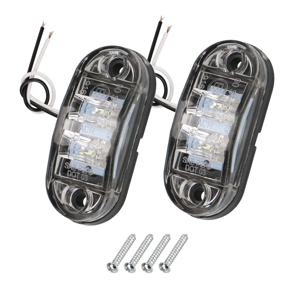 A pair of LED side marker clearance lights for trucks, trailers, and caravans with wiring and mounting screws.