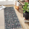 A vintage bohemian trellis runner rug with floral patterns in shades of purple and green on a light wood floor.