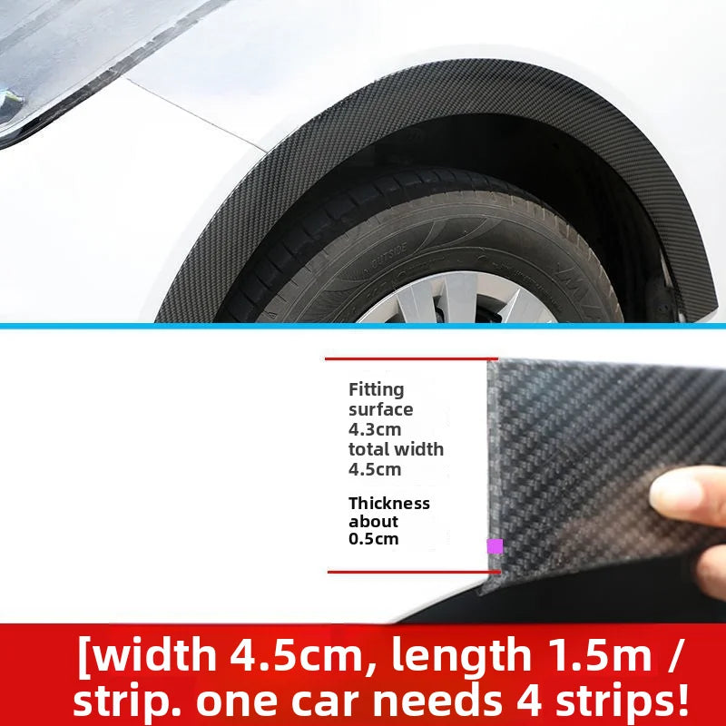 Carbon fiber wheel arch trim strips showing dimensions and thickness for automotive use