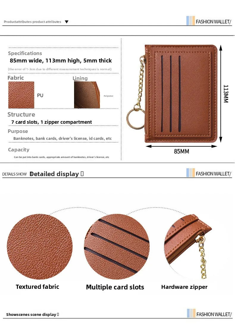 Slim Zippered Card Wallet for Women - Compact Multi-Slot Purse