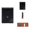 A black slim wallet featuring a carbon fiber texture, displayed alongside a leather cardholder and a brown leather wallet.